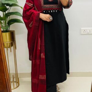 Black Kurta Pant Set with Red Dupatta for Women | Elegant Ethnic Wear