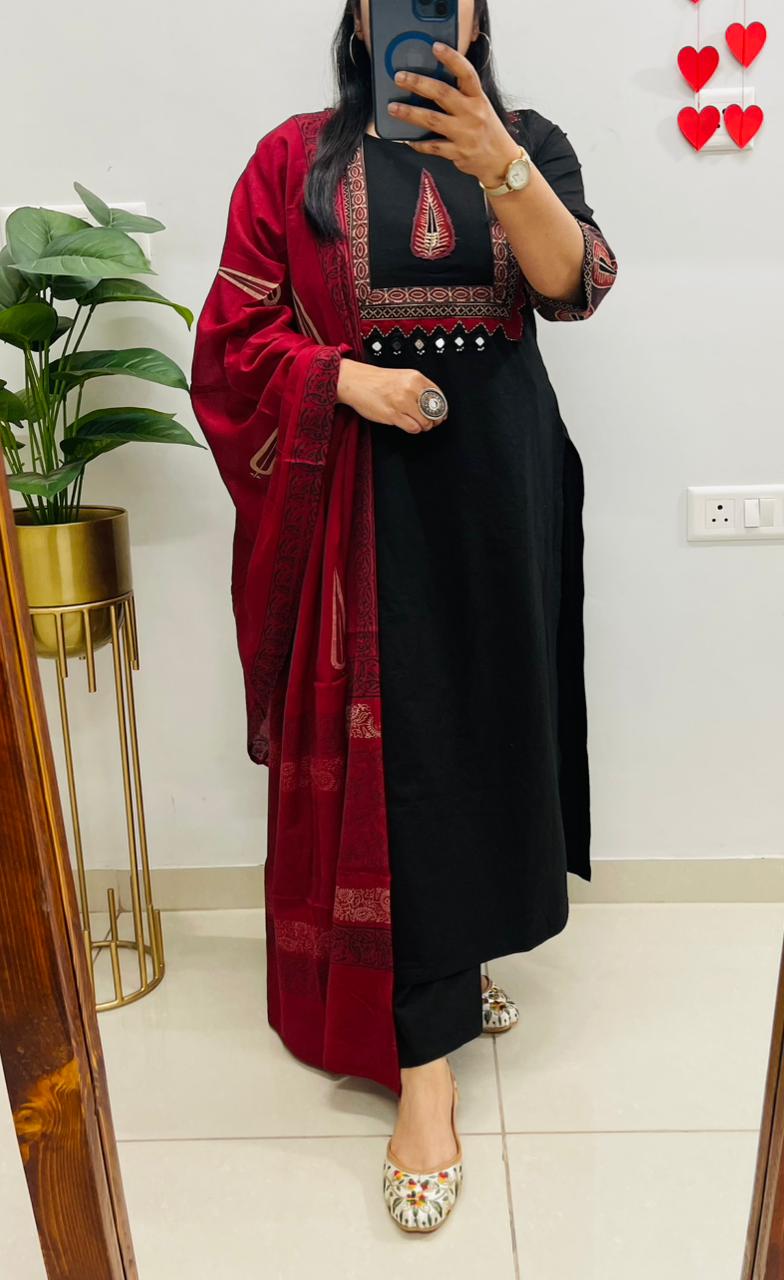 Black Kurta Pant Set with Red Dupatta for Women | Elegant Ethnic Wear