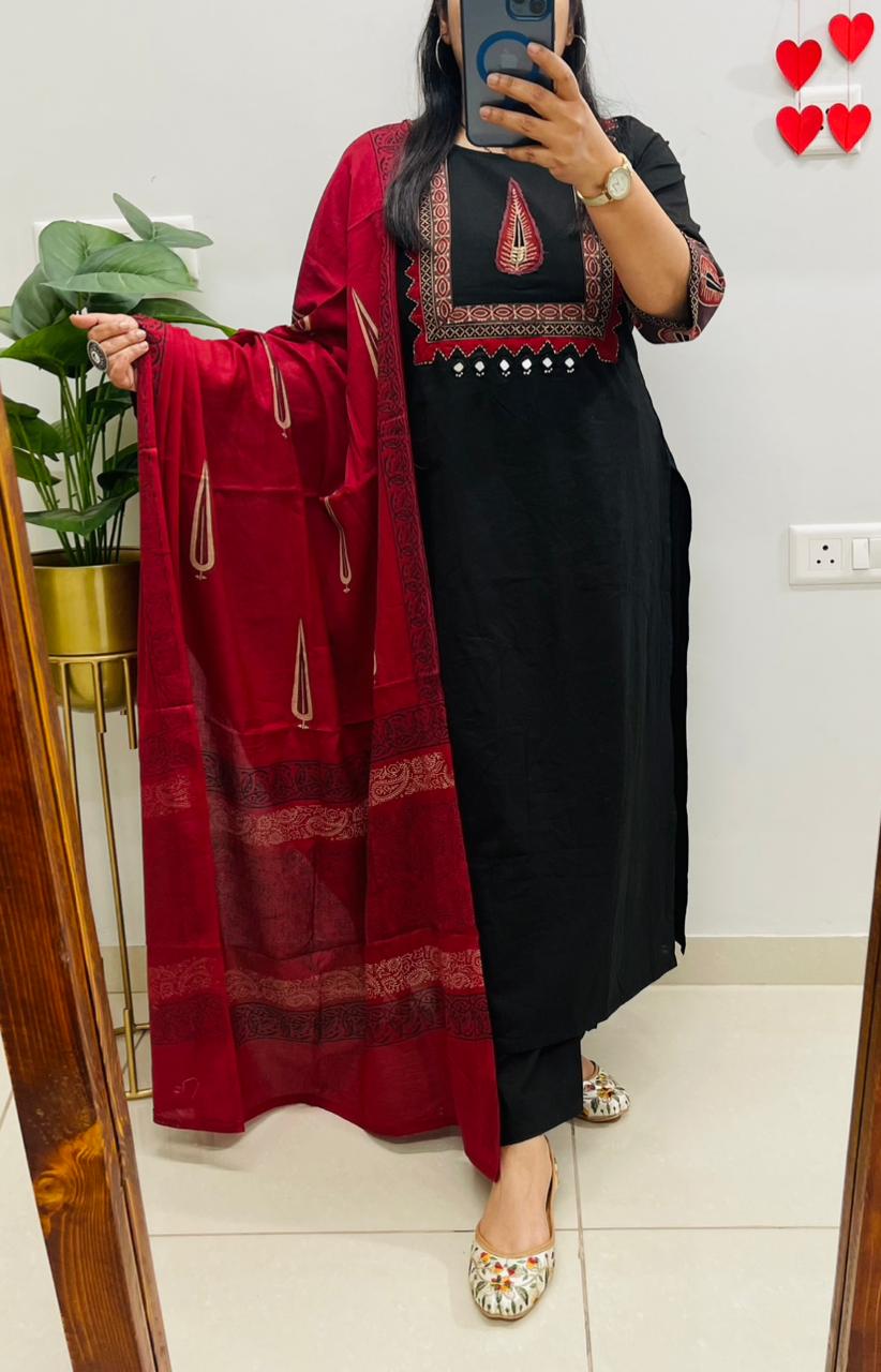 Black Kurta Pant Set with Red Dupatta for Women | Elegant Ethnic Wear - Image 6