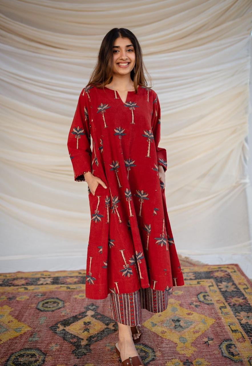 Red Printed A-Line Kurta with Pant for Women | Casual Ethnic Wear - Image 4