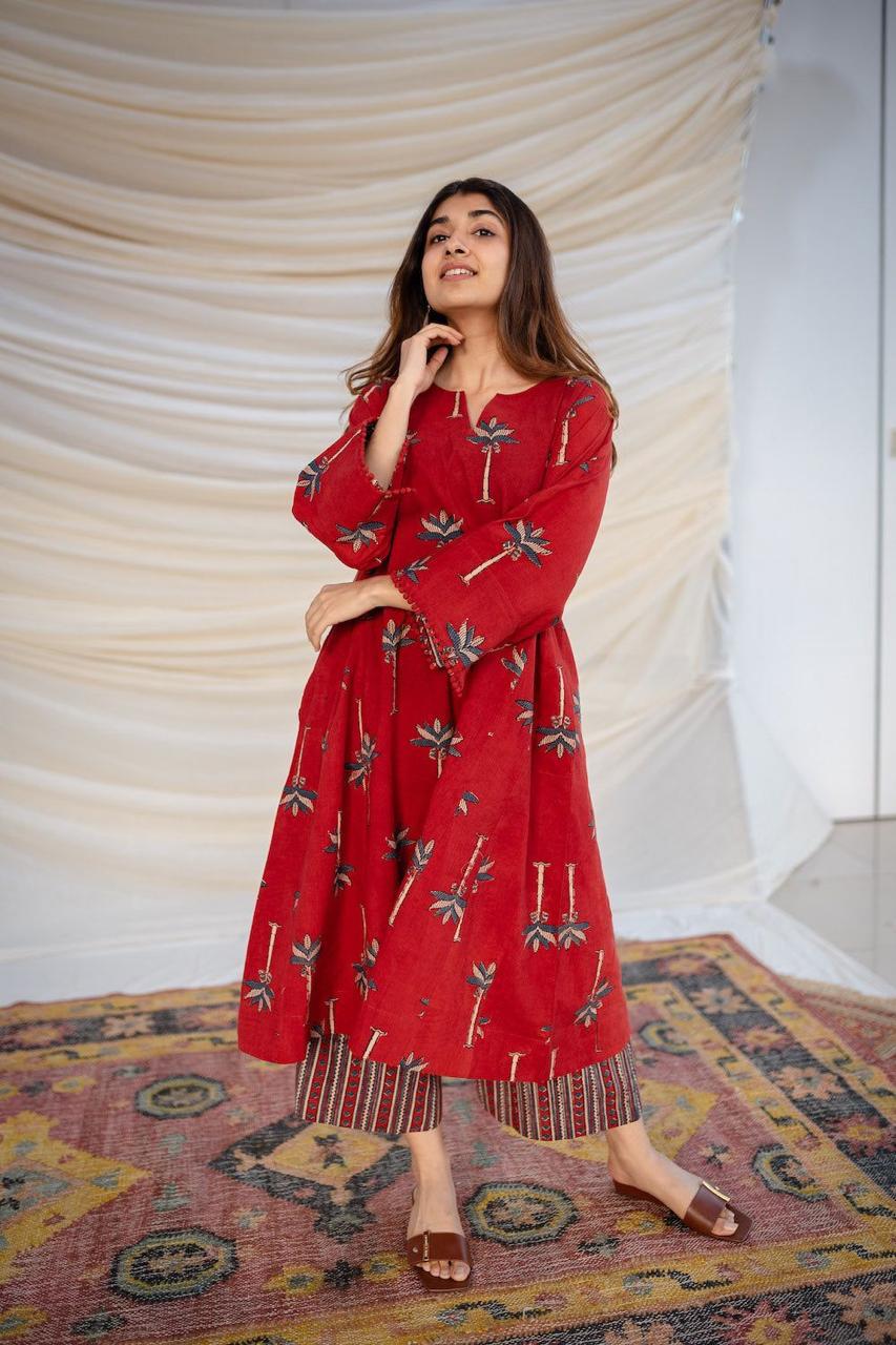 Red Printed A-Line Kurta with Pant for Women | Casual Ethnic Wear - Image 3