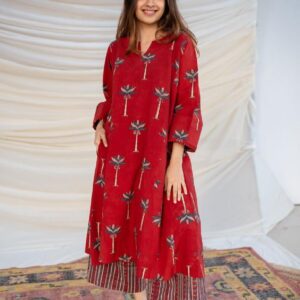 Red Printed A-Line Kurta with Pant for Women | Casual Ethnic Wear