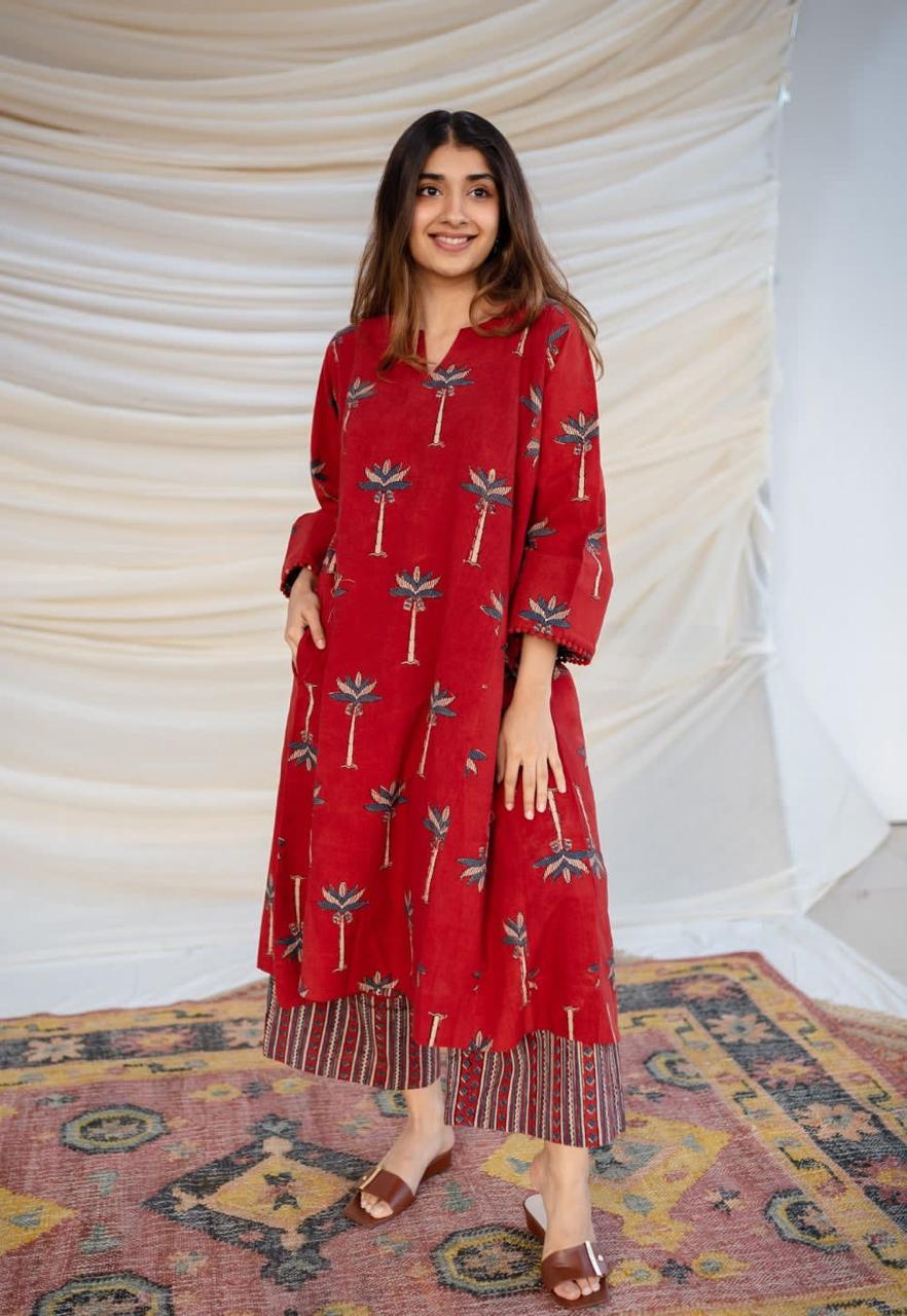 Red Printed A-Line Kurta with Pant for Women | Casual Ethnic Wear