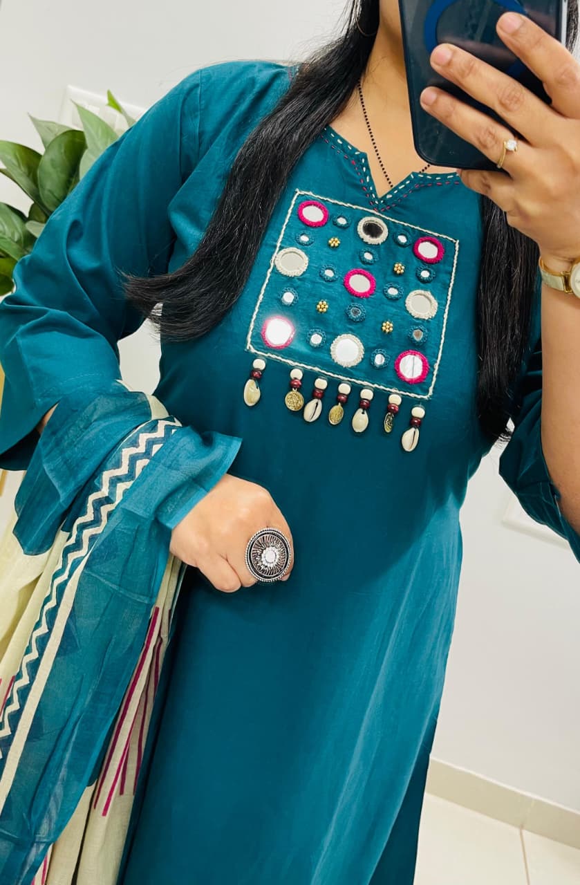 Teal Blue Kurta Pant Set with Printed Dupatta for Women | Elegant Ethnic Wear - Image 8