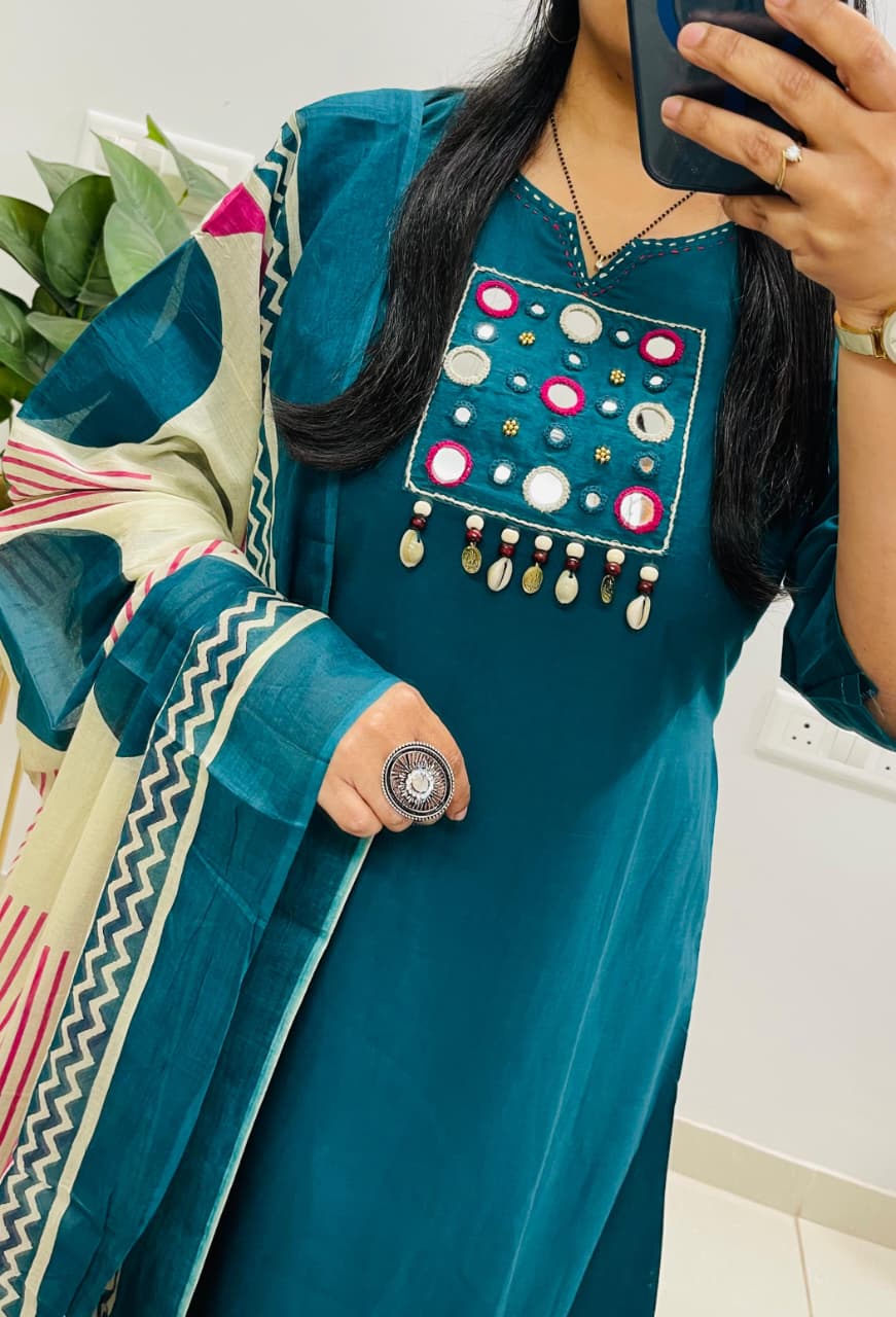 Teal Blue Kurta Pant Set with Printed Dupatta for Women | Elegant Ethnic Wear - Image 6