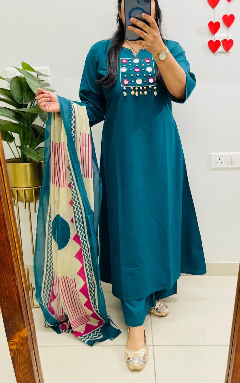 Teal Blue Kurta Pant Set with Printed Dupatta for Women | Elegant Ethnic Wear - Image 5
