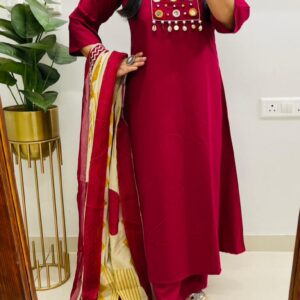 Maroon Kurta Pant Set with Printed Dupatta for Women | Elegant Ethnic Wear