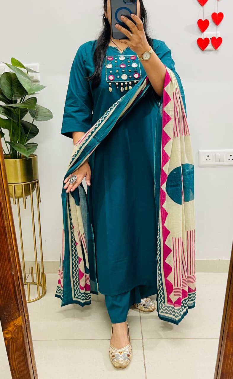 Teal Blue Kurta Pant Set with Printed Dupatta for Women | Elegant Ethnic Wear - Image 4