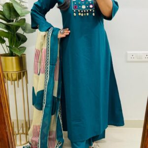Teal Blue Kurta Pant Set with Printed Dupatta for Women | Elegant Ethnic Wear