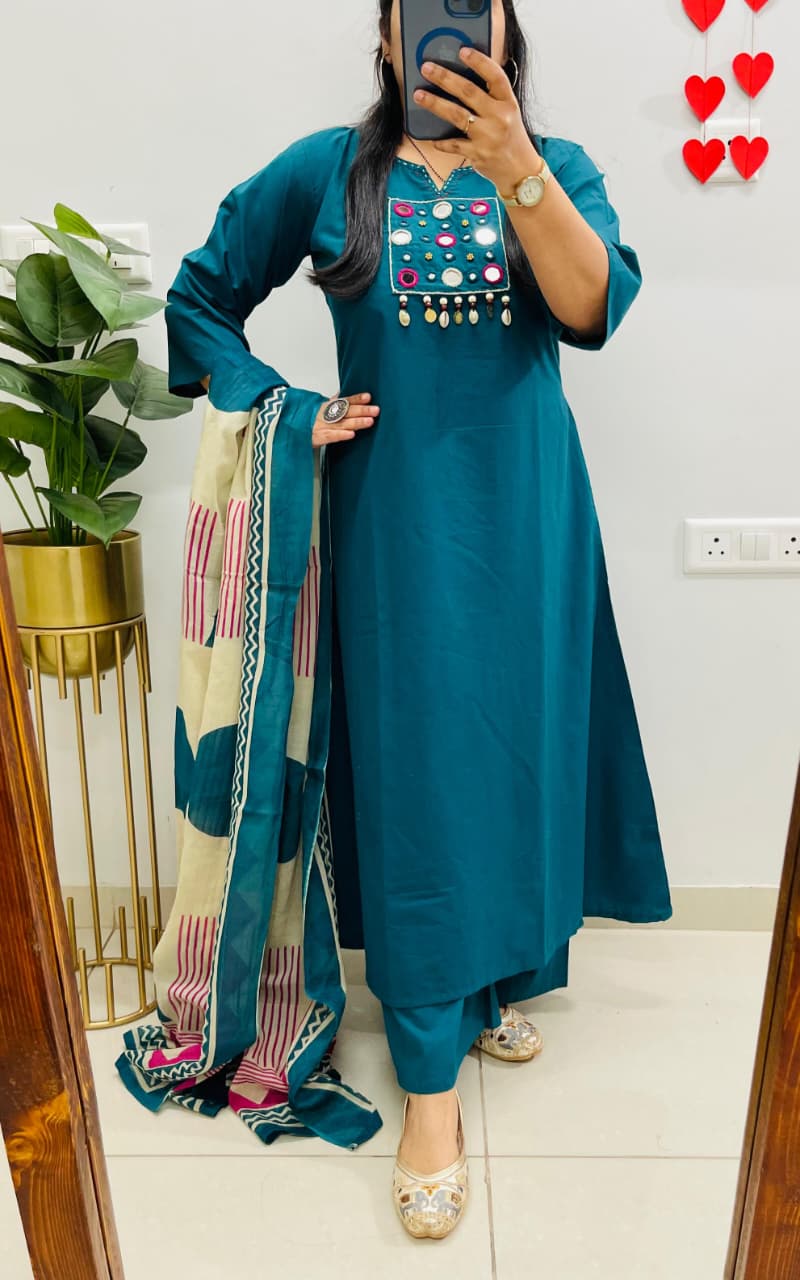 Teal Blue Kurta Pant Set with Printed Dupatta for Women | Elegant Ethnic Wear