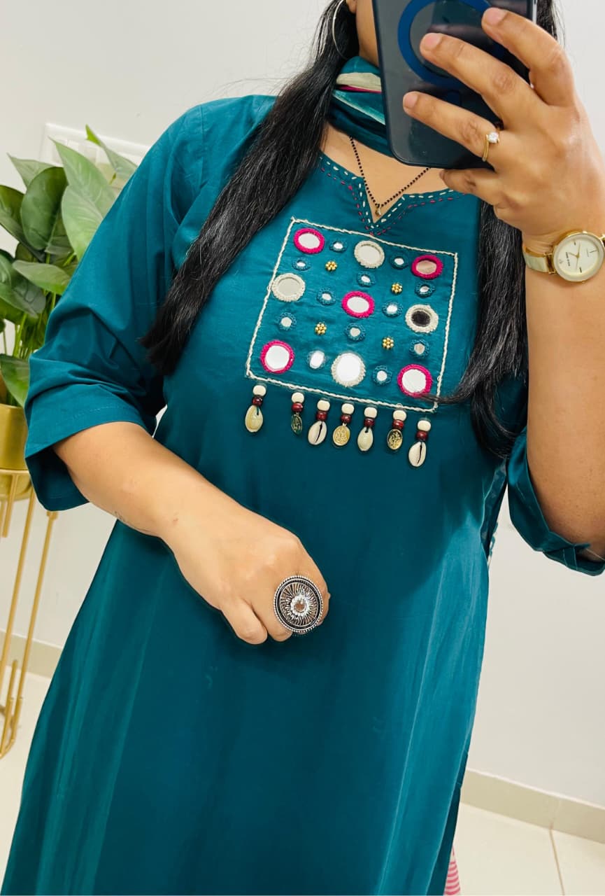 Teal Blue Kurta Pant Set with Printed Dupatta for Women | Elegant Ethnic Wear - Image 3