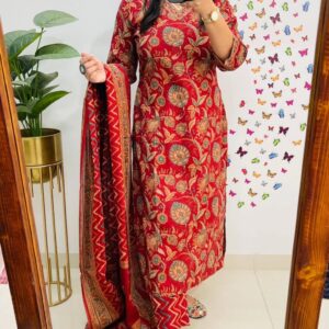 Red Printed Kurta Pant Set with Dupatta for Women | Festive & Daily Wear