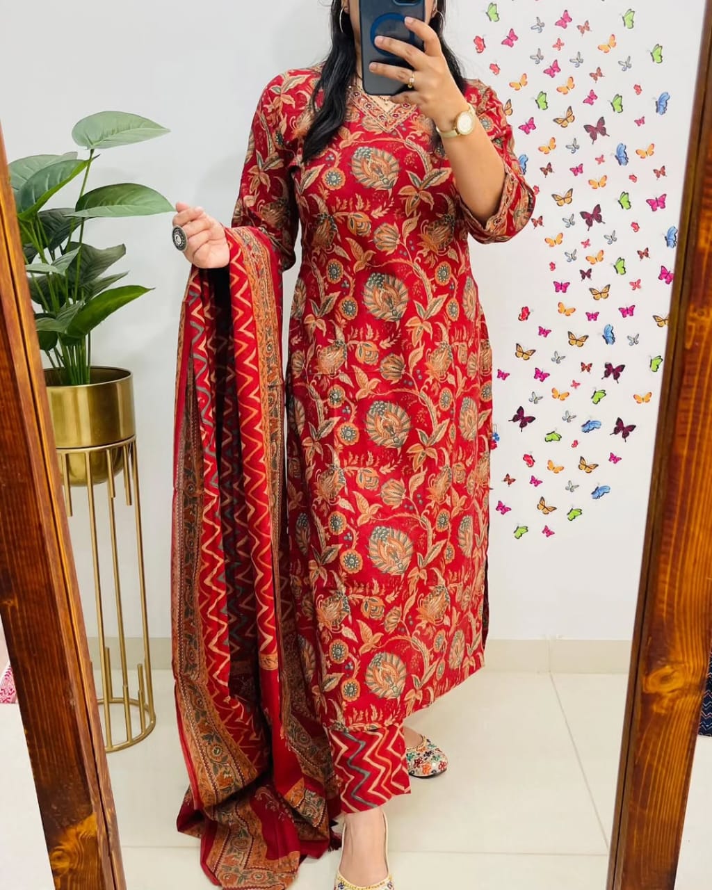 Red Printed Kurta Pant Set with Dupatta for Women | Festive & Daily Wear