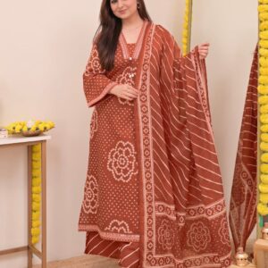 Brown Cotton Kurti Palazzo Dupatta Set with Hand Work | Women A-Line Ethnic Suit