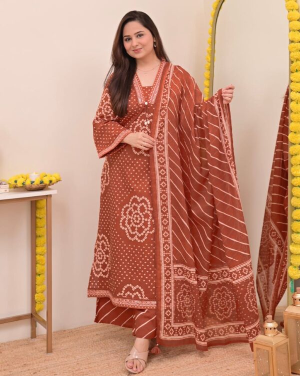 Brown Cotton Kurti Palazzo Dupatta Set with Hand Work | Women A-Line Ethnic Suit