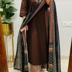 Brown Cotton Kurti Pant Dupatta Set with Sequence Work | Women Ethnic Wear 3 Piece Suit