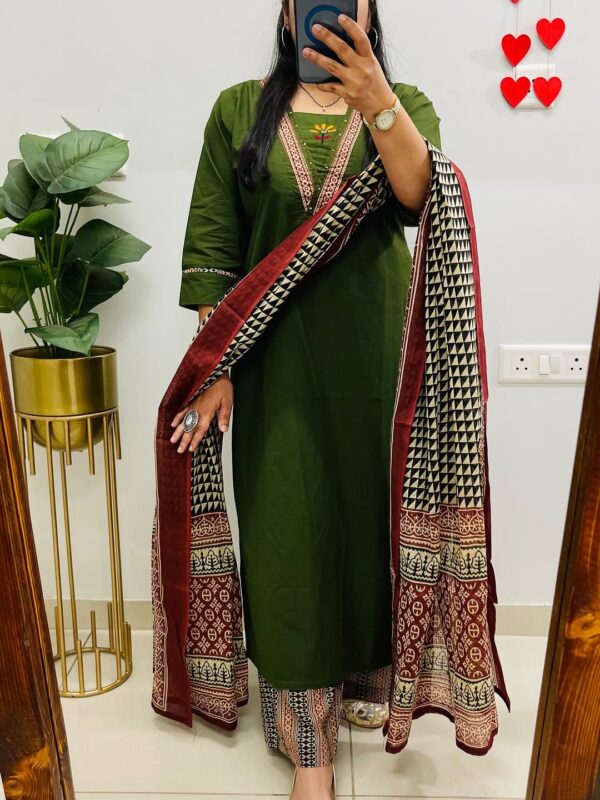 Green Cotton Kurti Pant Dupatta Set with Printed Dupatta | Women Ethnic 3 Piece Suit