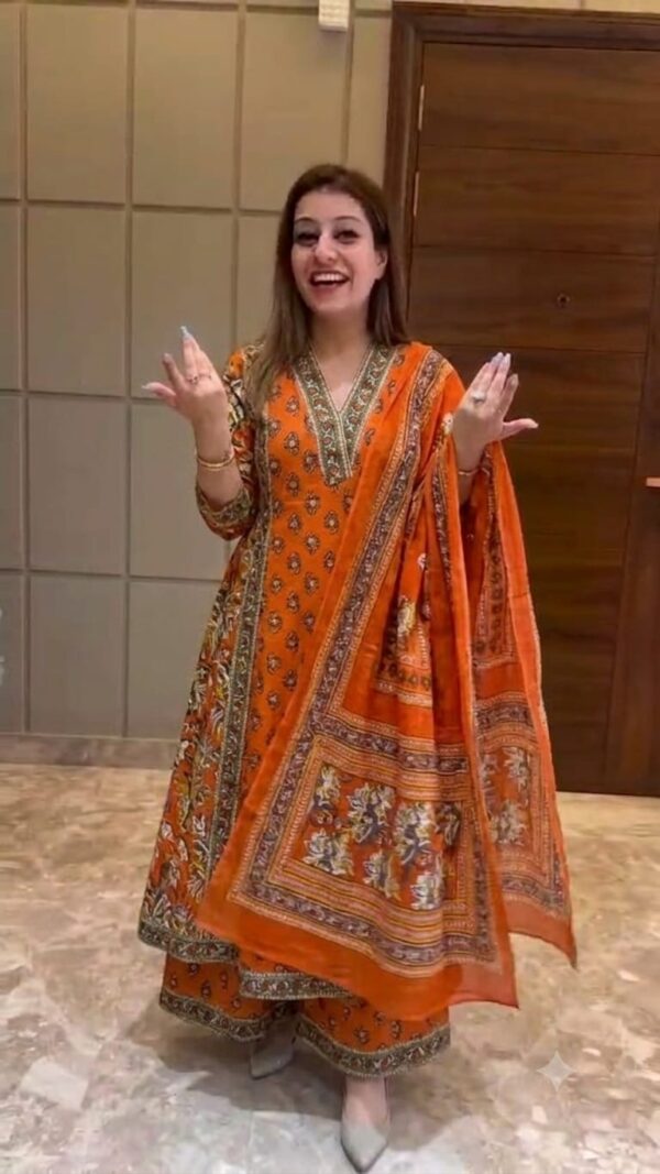 Jaipur Orange Printed Cotton Kurti Pant Dupatta Set for Women | Elegant Ethnic Wear
