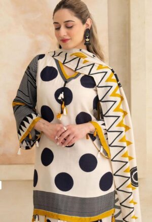 Jaipuri White & Black Printed Kurti Pant Dupatta Set | Stylish Ethnic Suit Set for Women - L