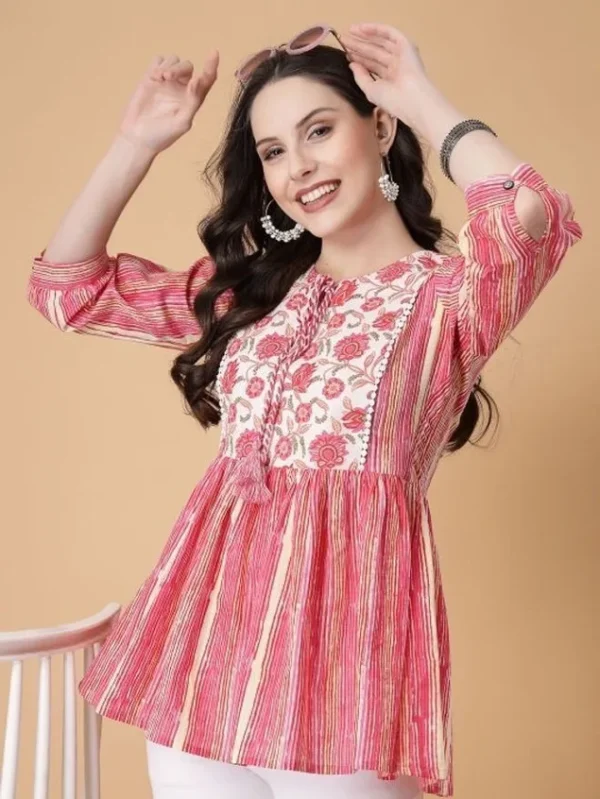Women’s Pink Floral Printed Anarkali Style Kurti | Cotton Ethnic Wear