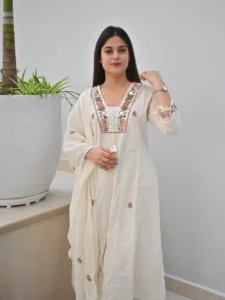 Jaipuri Women’s Off White Embroidered Kurta Pant Set with Dupatta | Floral Ethnic Suit Set