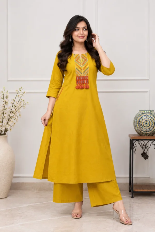 Women’s Mustard Yellow Embroidered Co-Ord Set | 2-Piece Kurta & Palazzo Set