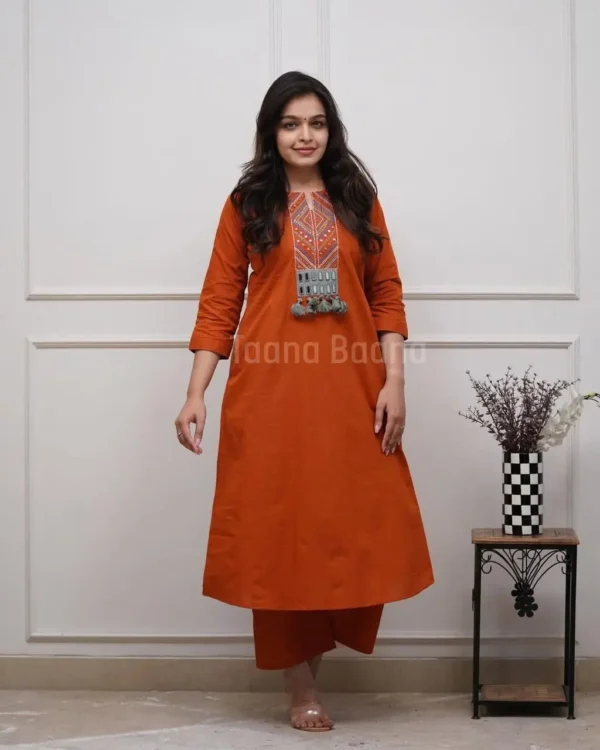 Jaipuri Women’s Rust Orange Embroidered Co-Ord Set | Stylish Ethnic 2-Piece Set