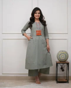 Women’s Sage Green Embroidered Co-Ord Set | Stylish Kurta & Palazzo 2-Piece Set