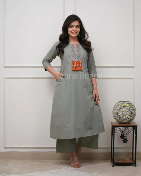 Women’s Sage Green Embroidered Co-Ord Set | Stylish Kurta & Palazzo 2-Piece Set