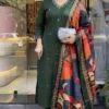 Women wearing dark green embroidered kurta pant set with printed dupatta
