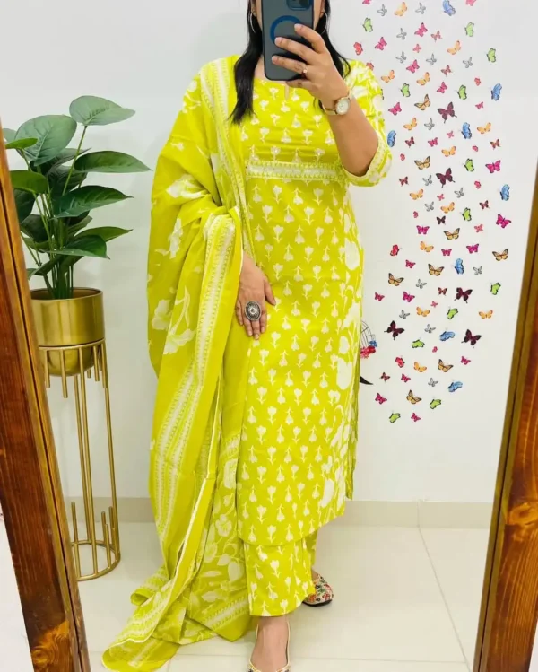 Lime Yellow Heavy Cotton Printed Kurti Pant Dupatta Set for Women