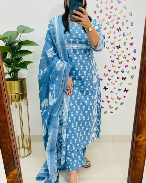 Sky Blue Heavy Cotton Handwork Kurti Pant Dupatta Set for Women