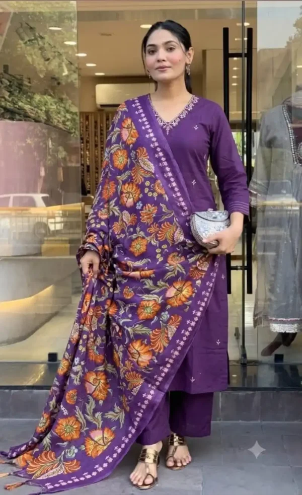 Jaipuri Women’s Purple Floral Printed Kurta Pant Set with Dupatta | Ethnic Kurta Set