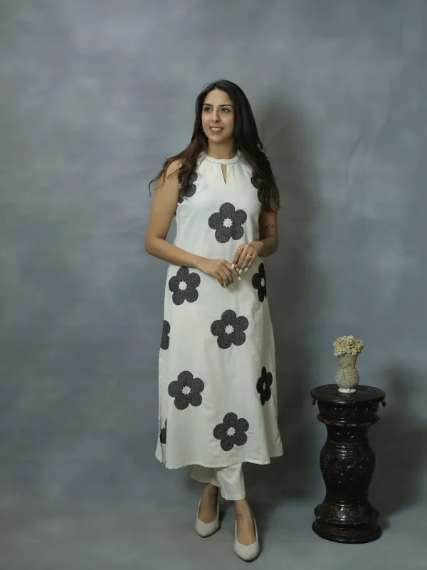Cream Cotton Flex Floral Thread Work Kurti Palazzo Set for Women | Designer Embroidered Co-Ord Set
