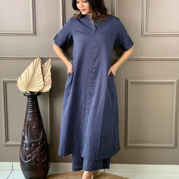 Mist Blue Striped Cotton Kurti Palazzo Set for Women | Designer Front Button A-Line Kurta Set
