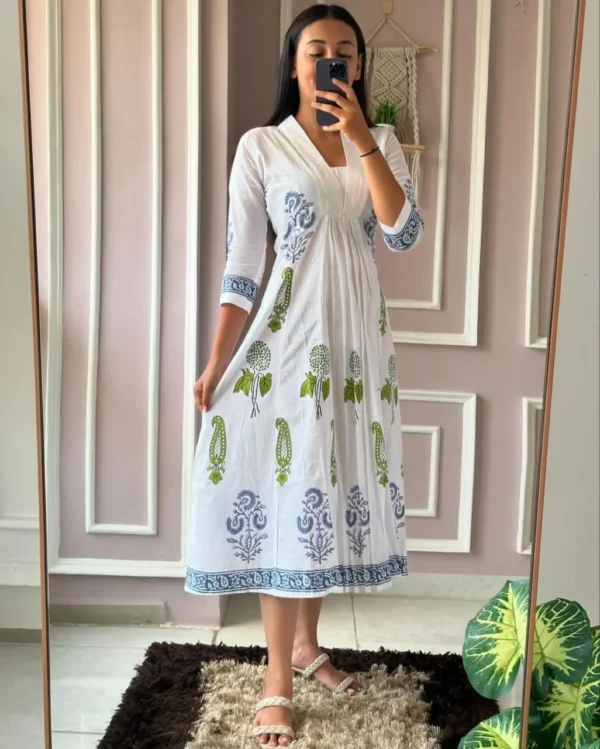 White Cotton Printed Midi Dress for Women | Blue & Green Ethnic Floral Print Dress