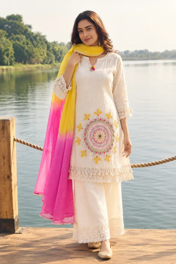 Pure Cotton Shiffly Embroidered Kurti Pant with Lahariya Tie-Dye Dupatta Set