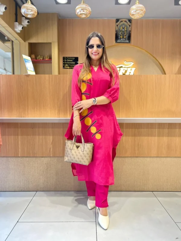 Premium Fuchsia Pink Muslin Kurti Pant Set for Women | Designer Embroidered Co-Ord Set
