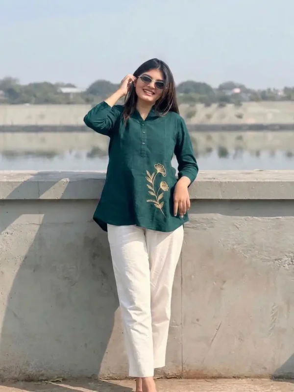 Premium Bottle Green Cotton Slub Shirt & Pant Co-ord Set for Women | Floral Embroidery