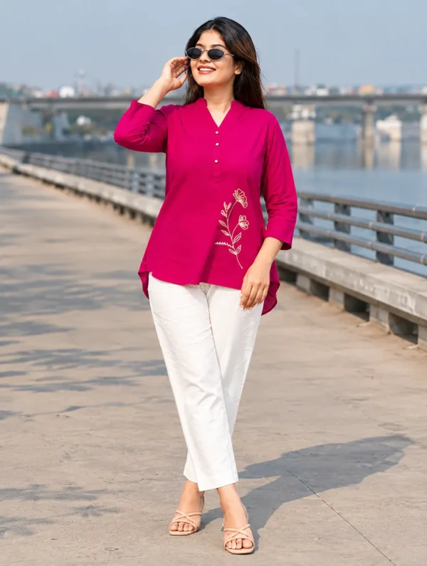 Premium Magenta Cotton Slub Kurti Pant Set for Women | Floral Embroidered Kurta Set