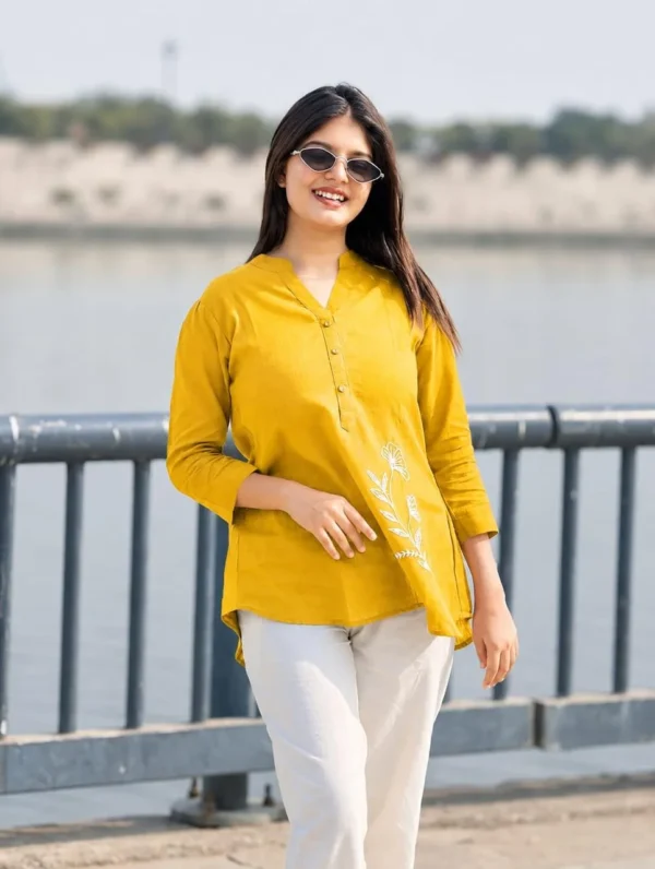 Mustard Yellow Cotton Slub Kurti Pant Set for Women | Floral Embroidered Kurti Set