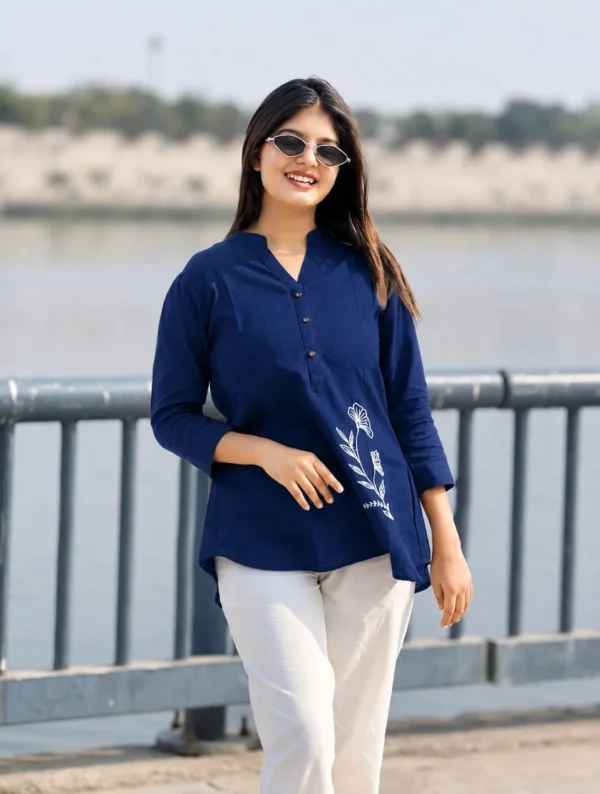 Premium Navy Blue Cotton Slub Shirt & Pant Co-ord Set for Women | Floral Embroidered