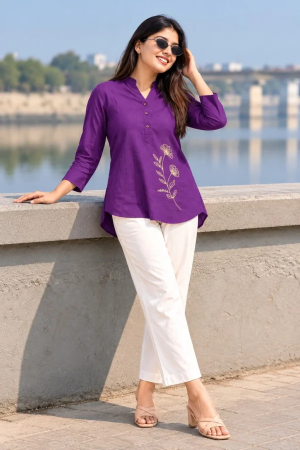 Premium Purple Cotton Slub Kurti Pant Set for Women | Floral Embroidered Kurti Set