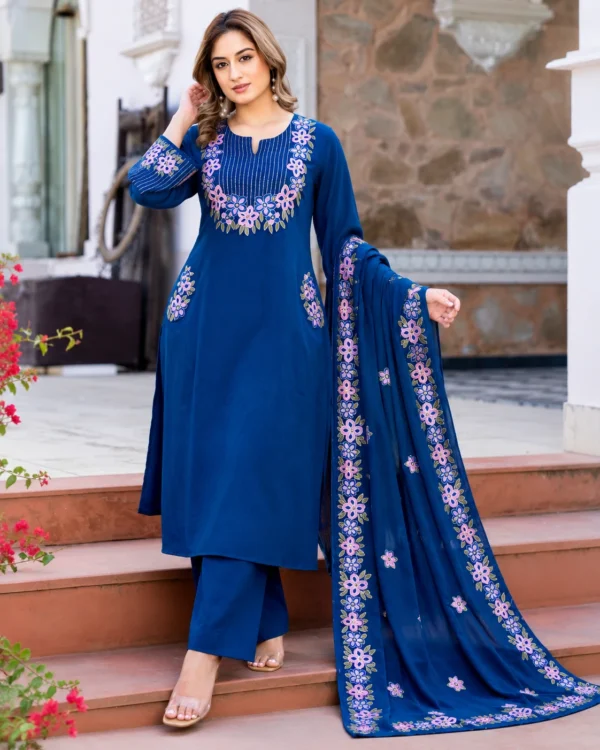 Royal Blue Pure Cotton Embroidered Kurta Pant Set with Heavy Malmal Dupatta